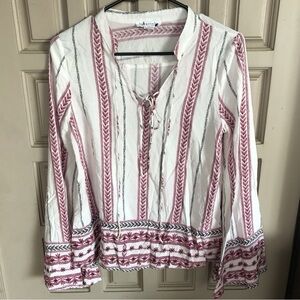 Loverich Boho Blouse White/Pink/Red Pretty SzM Long Sleeves Cropped